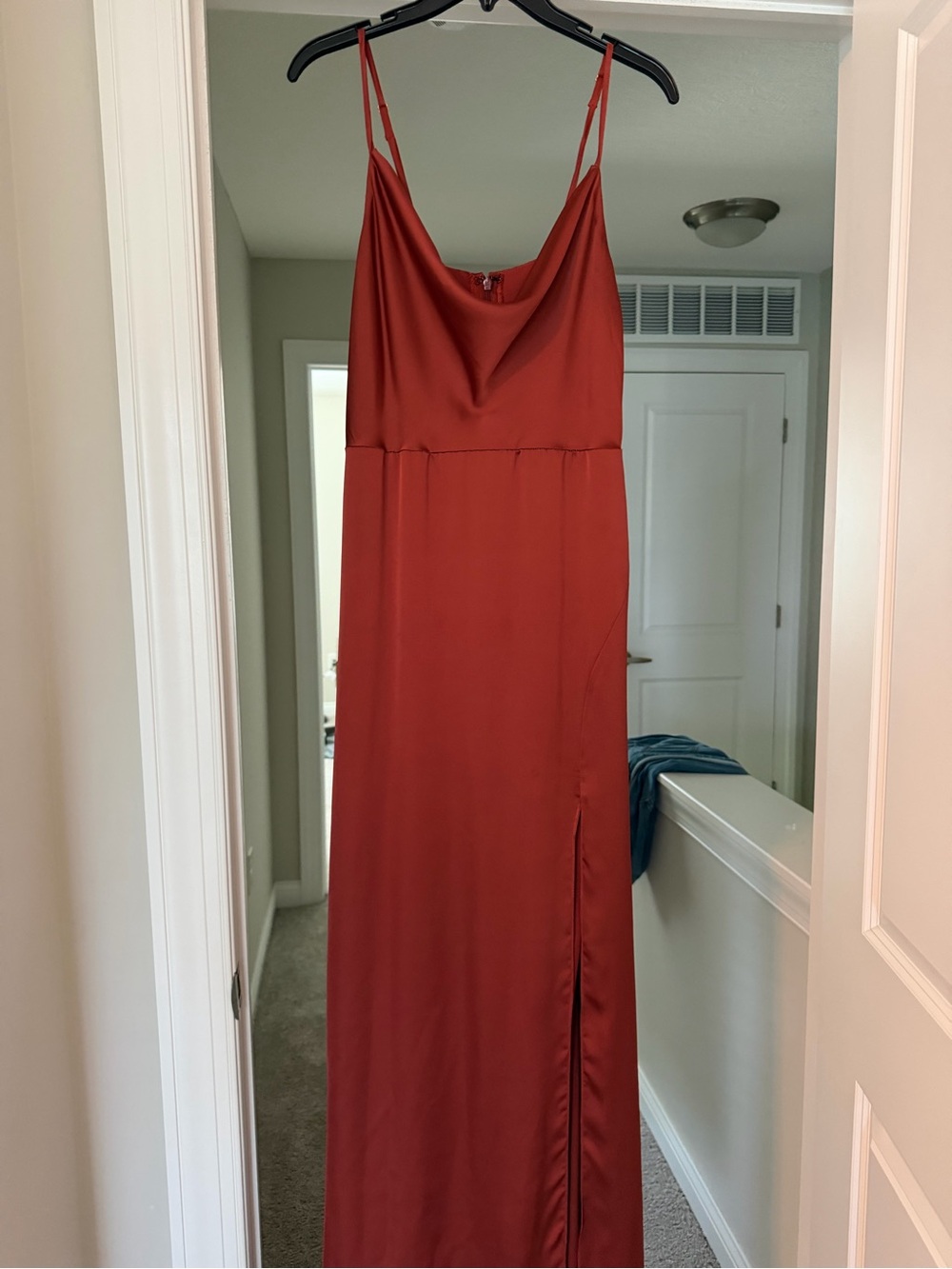 Satin Cowl-Neck Maxi Dress in Rust